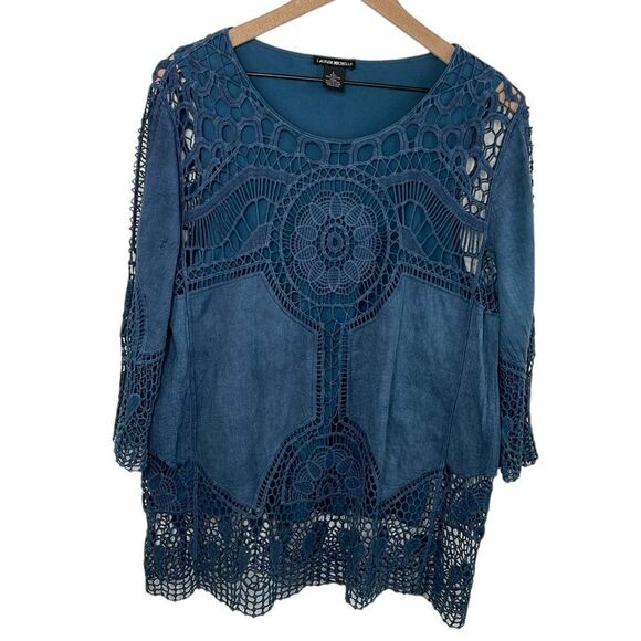 Lauren Michelle Boho Crochet mixed media top 3/4 sleeve round neck size Large - Picture 2 of 12